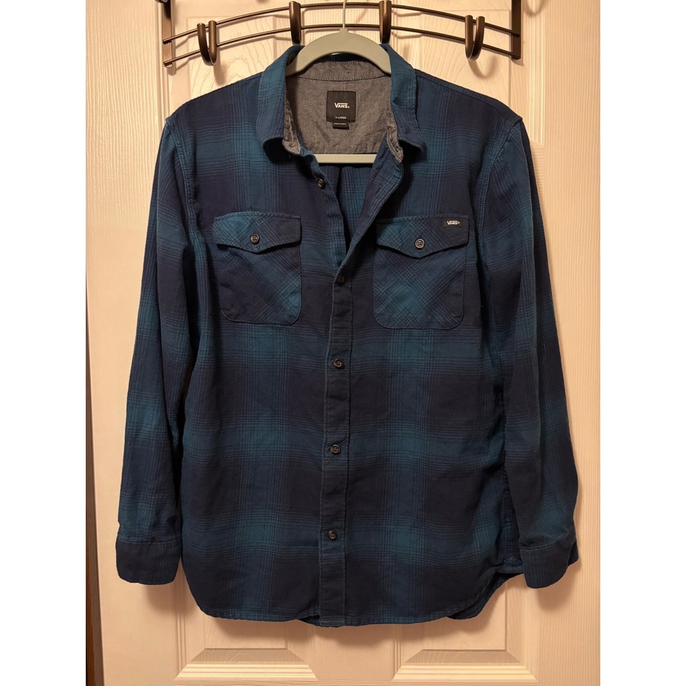 Vans Mens XL Blue Teal Plaid Flannel Button Down Long Sleeve Shirt Cotton